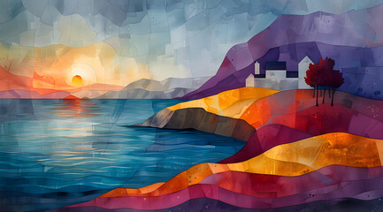 Coastal Cubism: Dynamic Watercolor View with Abstract Angular Interpretation