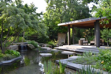 Fototapeta na wymiar : A serene courtyard with a tranquil pond and lush greenery, featuring a contemporary pavilion that blends seamlessly with the natural surroundings.
