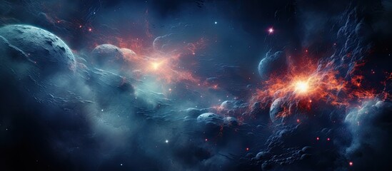 Space filled with dark blue and starry nebulas - obrazy, fototapety, plakaty