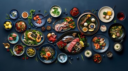 a delectable spread of gourmet dishes meticulously arranged on a rich navy blue background, captured in stunning 8k ultra HD resolution for cinematic appeal. - obrazy, fototapety, plakaty