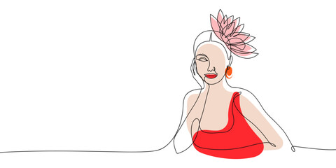 Abstract one line continuous woman in red dress minimalist portrait on white background. Hand drawn outline vector illustration.