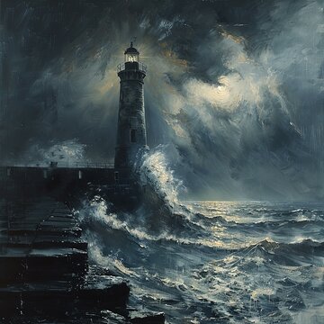 painting of a lighthouse in the middle of a stormy ocean