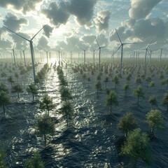 A field of wind turbines is surrounded by water. The water is calm and the sky is cloudy