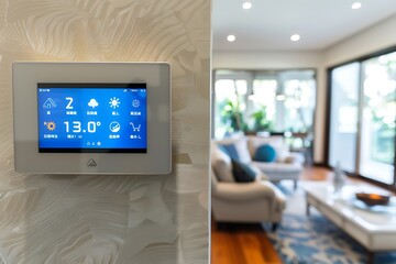 : A smart home display showing various automation options, with a cozy living room in the background.