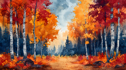 Obraz na płótnie Canvas Fauvist Autumn: Vibrant Panoramic Watercolor of a Fiery Forest Landscape