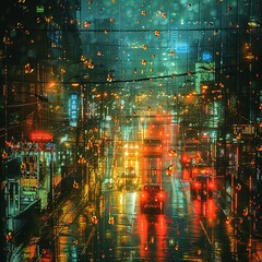 a picture of a city street at night with rain