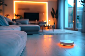 : A smart home hub glowing with a soft light in a cozy living room.