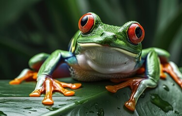 Fototapeta premium Vibrant Red-Eyed Tree Frog on Leaf