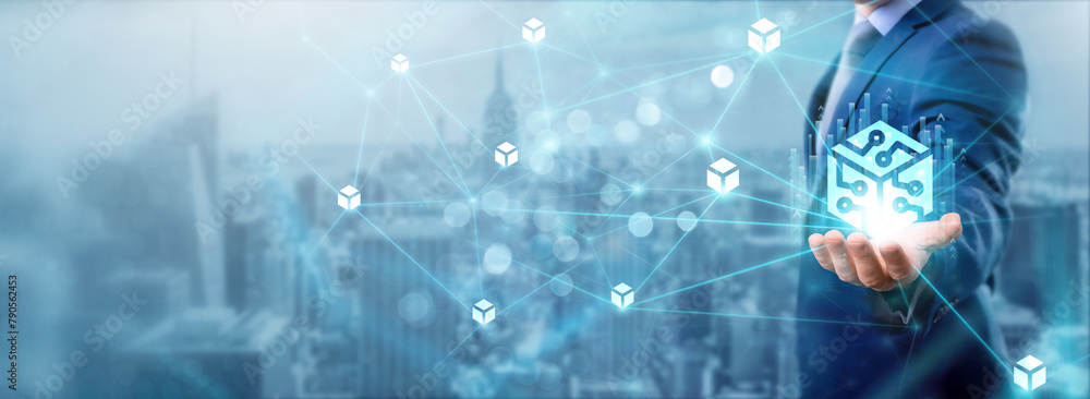 Poster businessman holding blockchain icon, networking and peer-to-peer exchanges, secure connections, dece