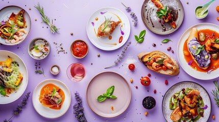 culinary journey with a variety of mouthwatering dishes arranged on a tranquil lavender background, portrayed in lifelike full ultra HD high resolution photography.