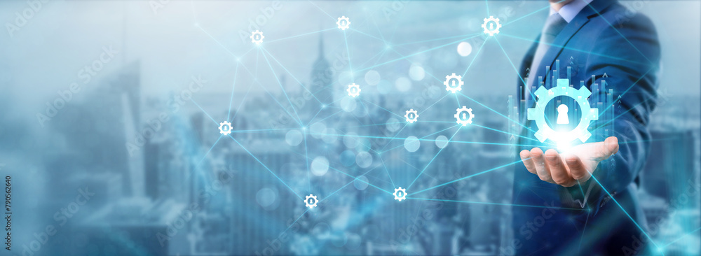 Poster businessman holding key icon, networking and data exchanges, secure connections, identity verificati