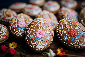 Fototapeta na wymiar Easter Egg Cookies, Decorated cookies, shaped like Easter eggs
