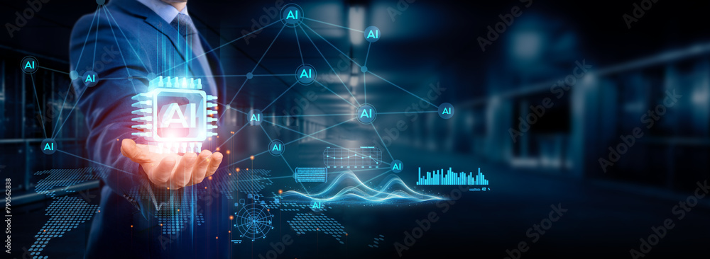 Poster businessman holding ai icon global structure, networking and data analytics, ai-powered connection, 