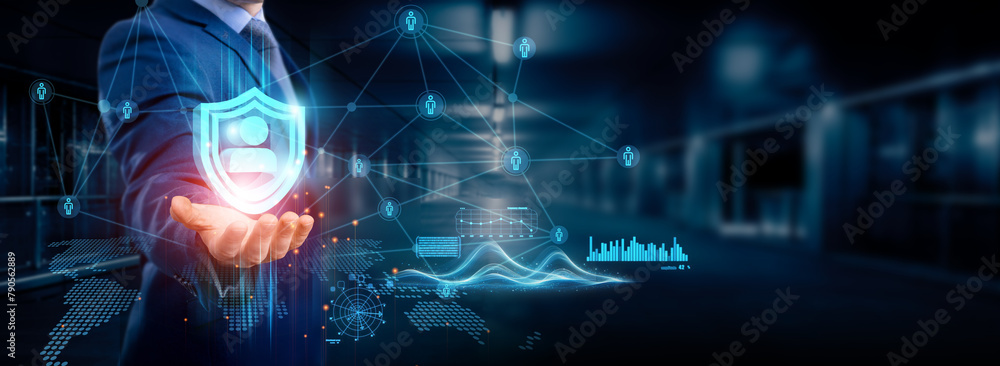 Poster businessman holding authorization icon, global structure, networking and data connection, secure ser