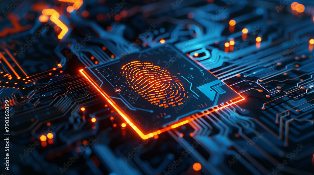 Aufkleber regarding biometric security, focus on the concept of visualization with digital fingerprints or tec