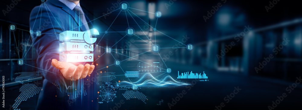 Poster businessman holding big data icon global structure, networking and data analytics, interconnected co