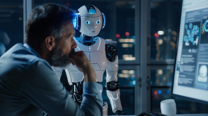 Photo of a man in conversation with an AI robot, looking at the screen on which they can see virtual documents and data that is being used in the style of artificial intelligence for business purposes