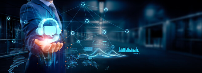 Businessman holding customer support icon global structure, networking and data for seamless customer connection, enhanced customer experience, 24/7 service, reliable communication, and strong network