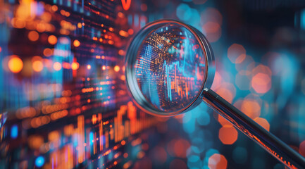 A magnifying glass over digital graphs and data visualizations, representing the process of examining financial market trends. The focus is on detailed textures in the digital patterns with a blurred 