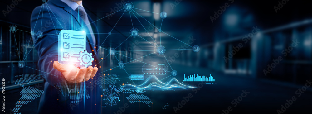 Poster businessman holding project management icon, global structure, networking, and data integration for 