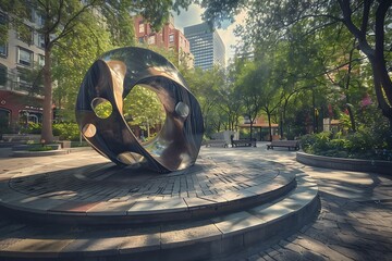 : A surreal and abstract urban park with a mysterious sculpture at the center, inviting curiosity and imagination.