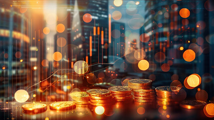 Obraz premium Economic crisis, financial background. Double exposure of Coins and US dollars bank note currency with financial graph chart falling due to global economic recession, stock market crash generative ai