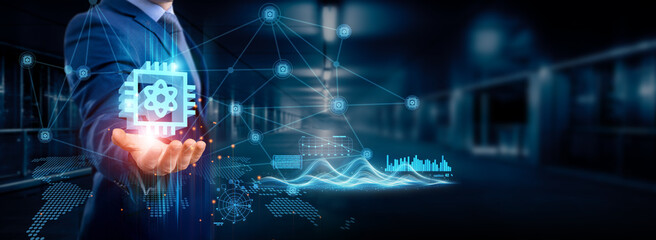 Businessman holding quantum computing icon, global structure, networking and data revolutionizing connections, disruptive innovation, advanced service, cutting-edge technology, and expanding networks.