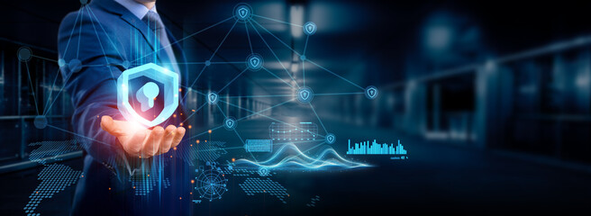 Businessman holding privacy icon, global structure, networking, and data connection, ensuring...
