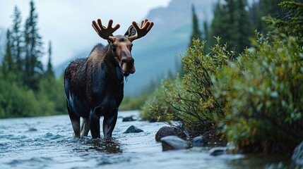 Moose in Mountain River - obrazy, fototapety, plakaty