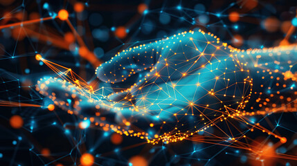 A hand touching a glowing network of nodes and connections representing the internet and global communication technologies.