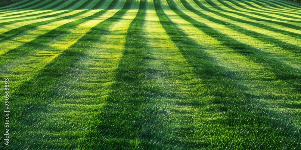 Poster a large field of green grass with a few trees in the background. generative ai.