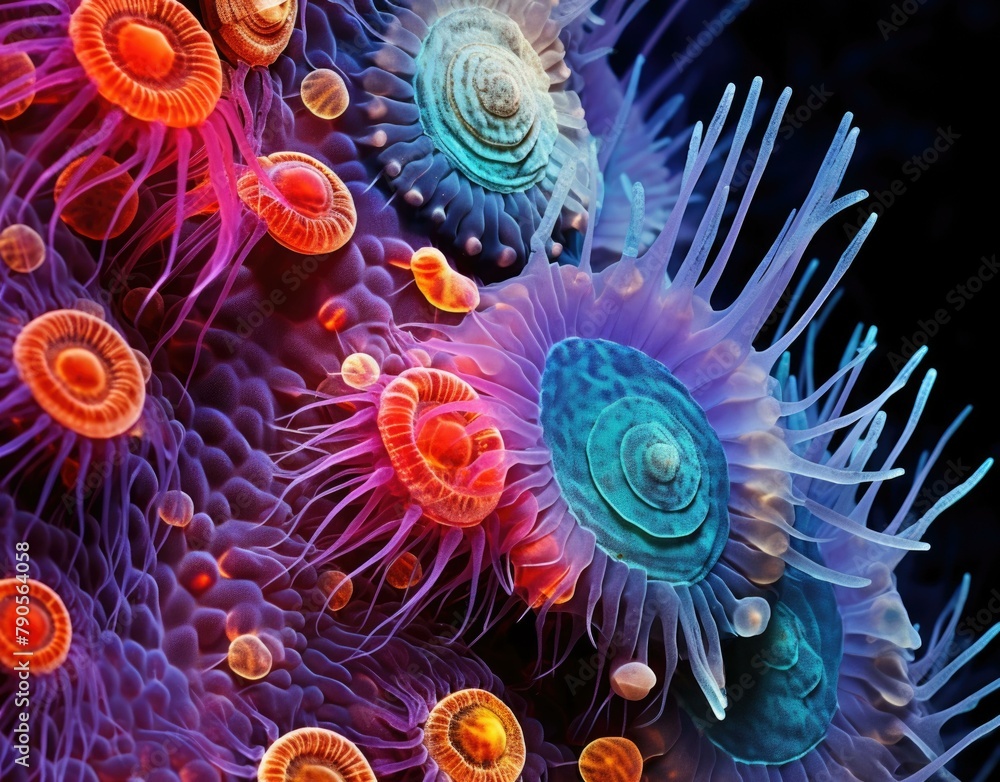 Poster a close up of a colorful coral reef with many different colors. generative ai.