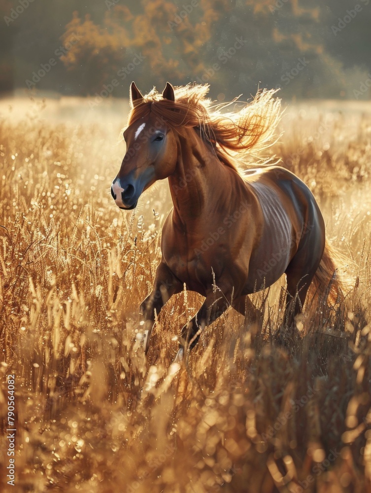 Poster a horse running through a field of tall grass with the sun behind it. generative ai.