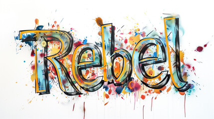 Vivid graffiti art spelling rebel with dynamic splashes of paint on a white background.