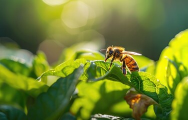 Fototapeta premium Sunlit Honeybee on Leaf