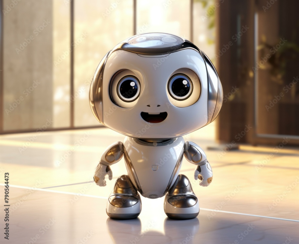 Poster a small robot with big eyes and a smile on its face. generative ai.