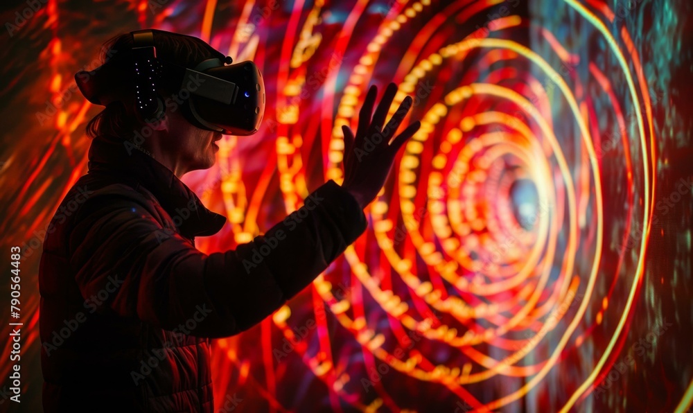 Poster A man wearing a virtual reality headset is looking at an abstract light display. Generative AI.