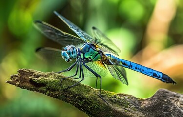 Vibrant Blue Dragonfly on Branch