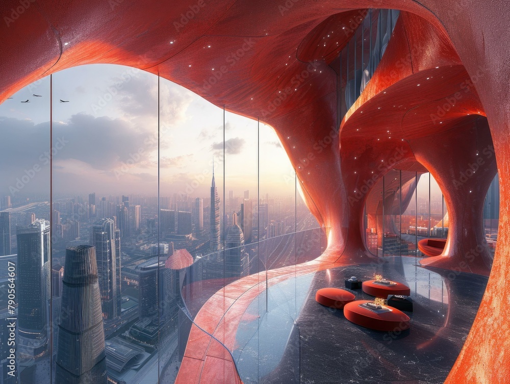Poster a room with a view of the city from inside it. generative ai.
