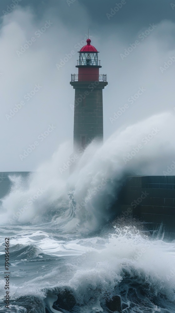 Poster a lighthouse is seen in the background as a large wave crashes over it. ai.