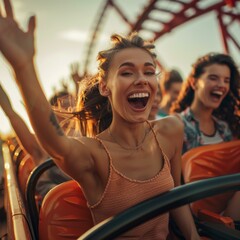 A woman riding a roller coaster with her hands up in the air. Generative AI.