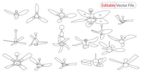  ceiling fan Line Art Style Design Isolated On White Background. Vector Art, Icons, and Graphics. Ceiling Fan Logo Design Template.  ceiling fan icon isolated sign symbol. Set ceiling fan Outline icon