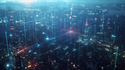 Fototapeta na wymiar Futuristic smart city with interconnected network nodes overlaying an urban skyline 