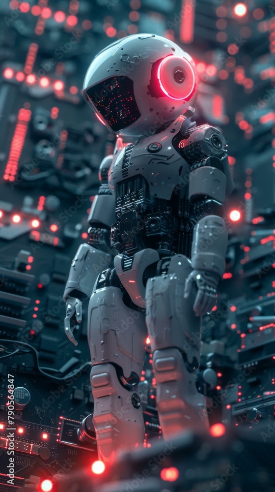 Poster a robot standing in front of a bunch of electronics. ai.