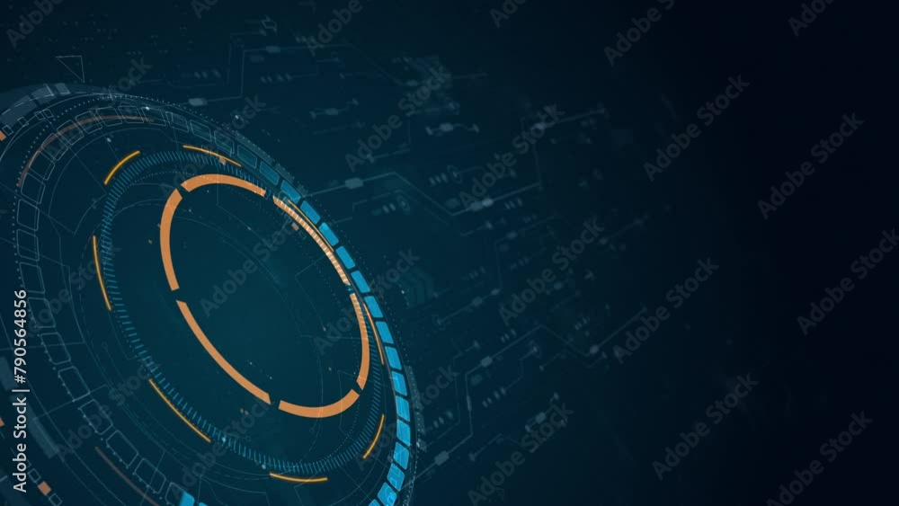 Poster motion graphic of blue digital circle futuristic hud elements with flowing arrows with rotation circ