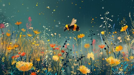 A bee hovering over a field of flowers