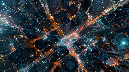 Fototapeta premium Futuristic smart city with interconnected network nodes overlaying an urban skyline 