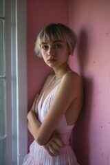 Elegant Woman in Pink by Window