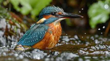 wonderful kingfisher on the dark water in splashes