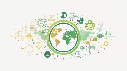 sutainability, world in the middle, around symbols of sustainability, symbols of all three areas of sustainability, vector art, vector art for title slide of a powerpoint presentation  